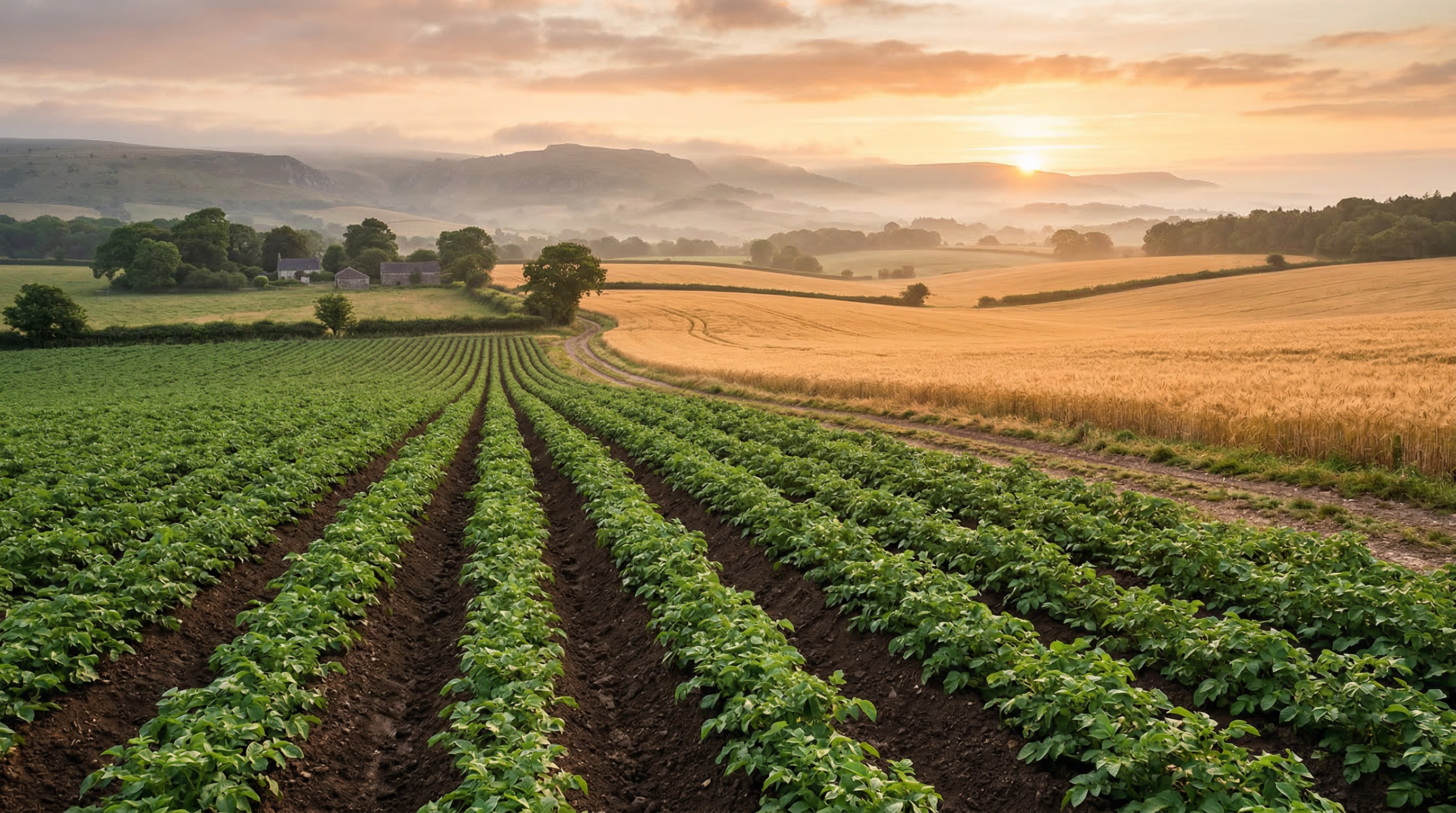 Organic potato rows and golden wheat fields at sunrise