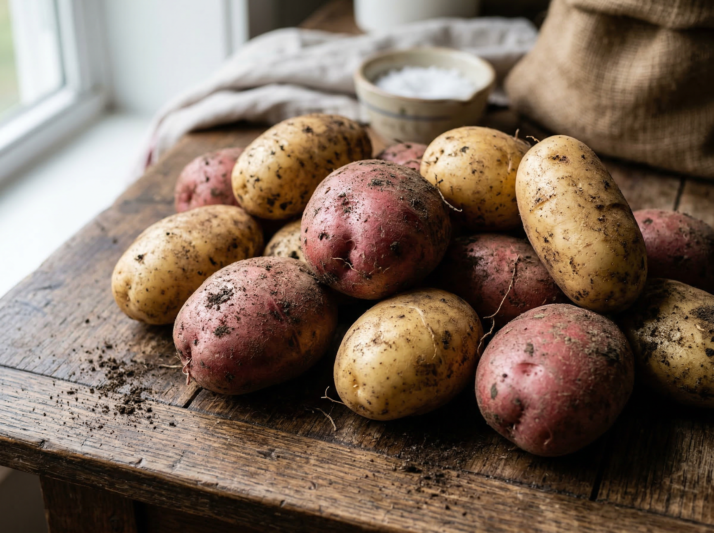 Fresh organic potatoes in multiple varieties on a rustic wooden surface