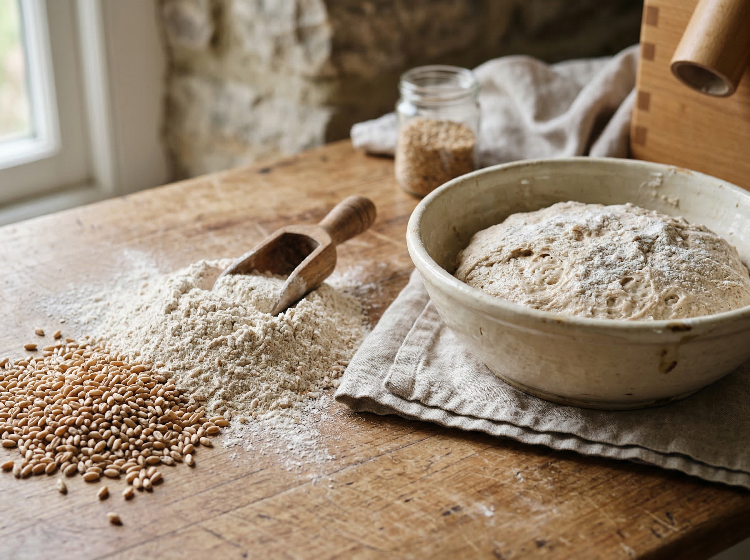 Fresh whole wheat grains and flour with bread dough on a rustic table